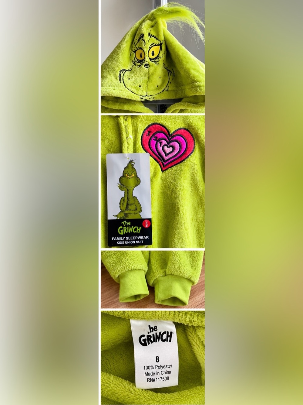 👻 🎃Kids The Grinch Halloween Costume Hooded Jumpsuit Size 8 NWT - Picture 3 of 7